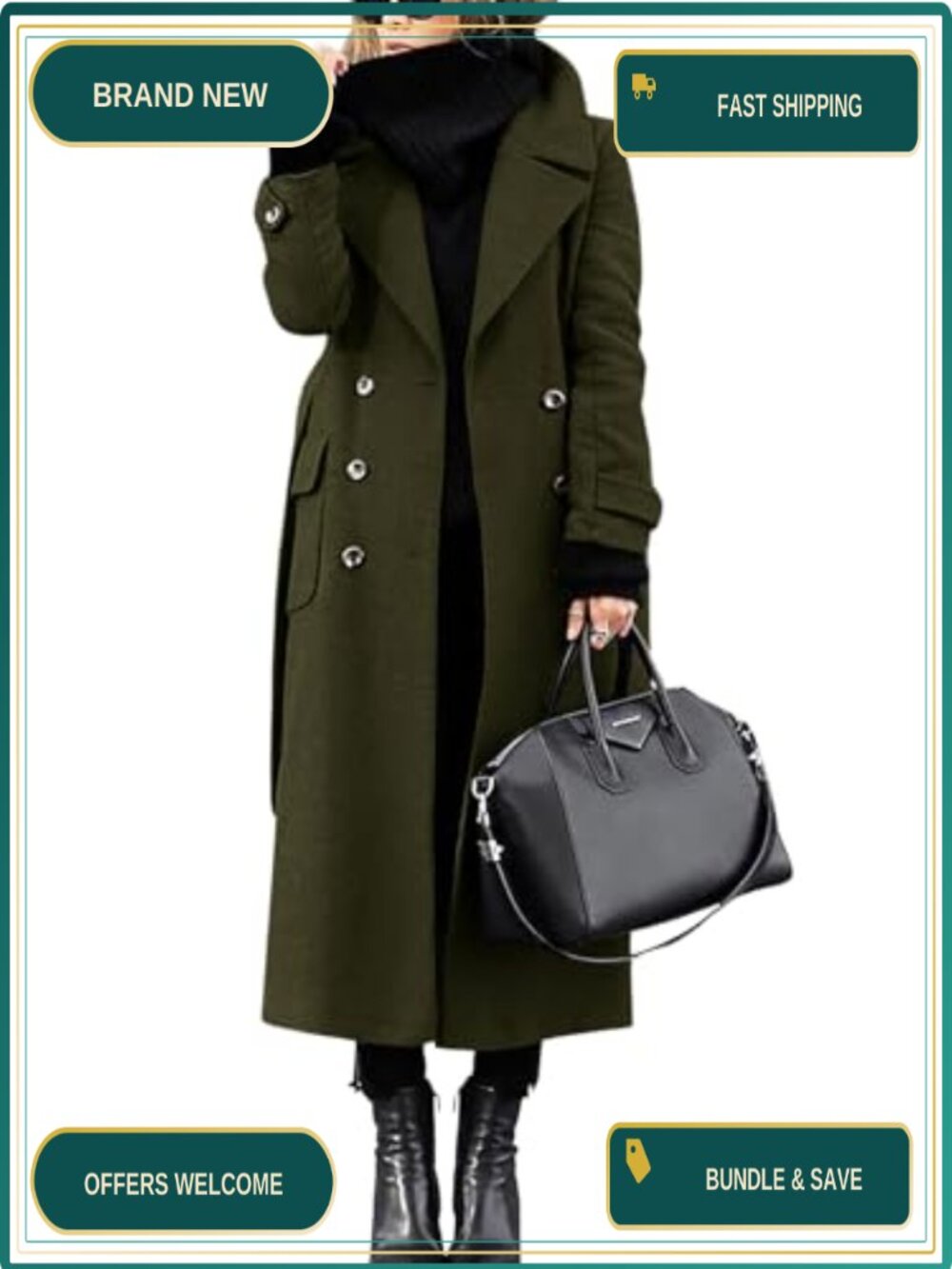 Wool Blend Double Breasted Pea Coat Belted Midi Winter Overcoat